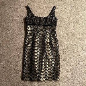 Carmen Marc Valvo gold and black sequin/ lace cocktail dress